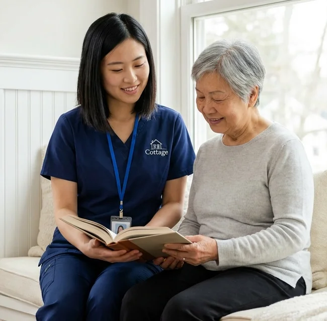 A Cottage caregiver and a senior client seated together, smiling and holding hands.