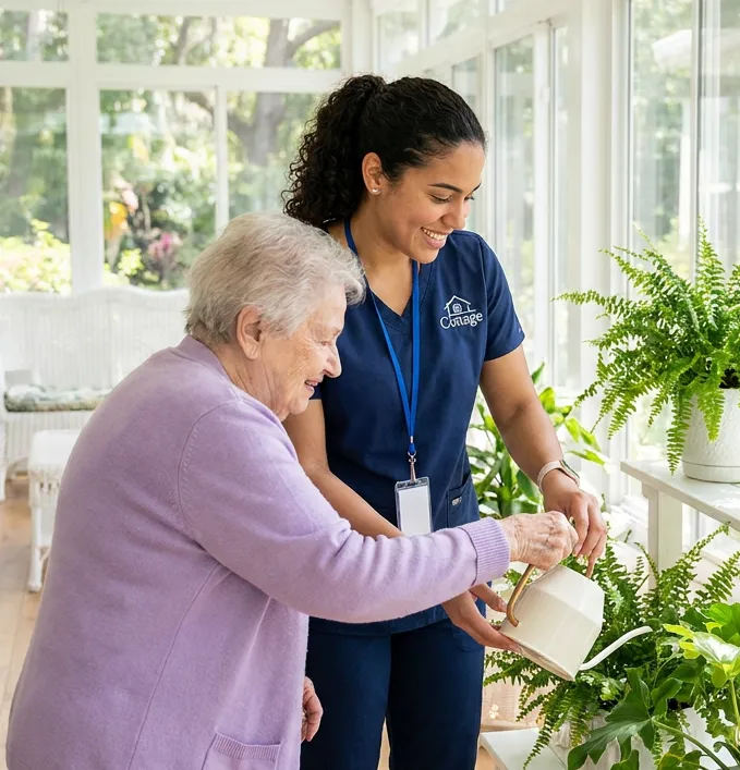 A Cottage caregiver and a senior client seated together, smiling and holding hands.