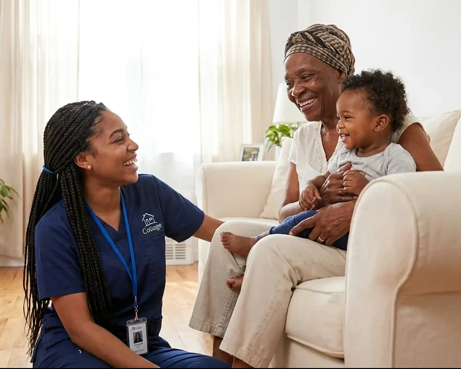 A Cottage caregiver and a senior client seated together, smiling and holding hands.