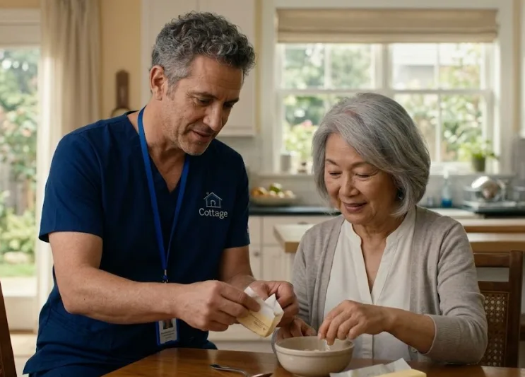 Caregiver and senior woman smiling while using a tablet together at the kitchen table.