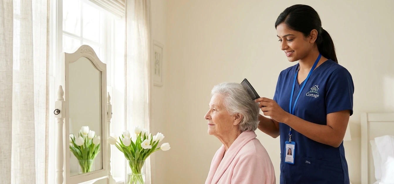 Caregiver spending time with a senior client in a comfortable home setting.
