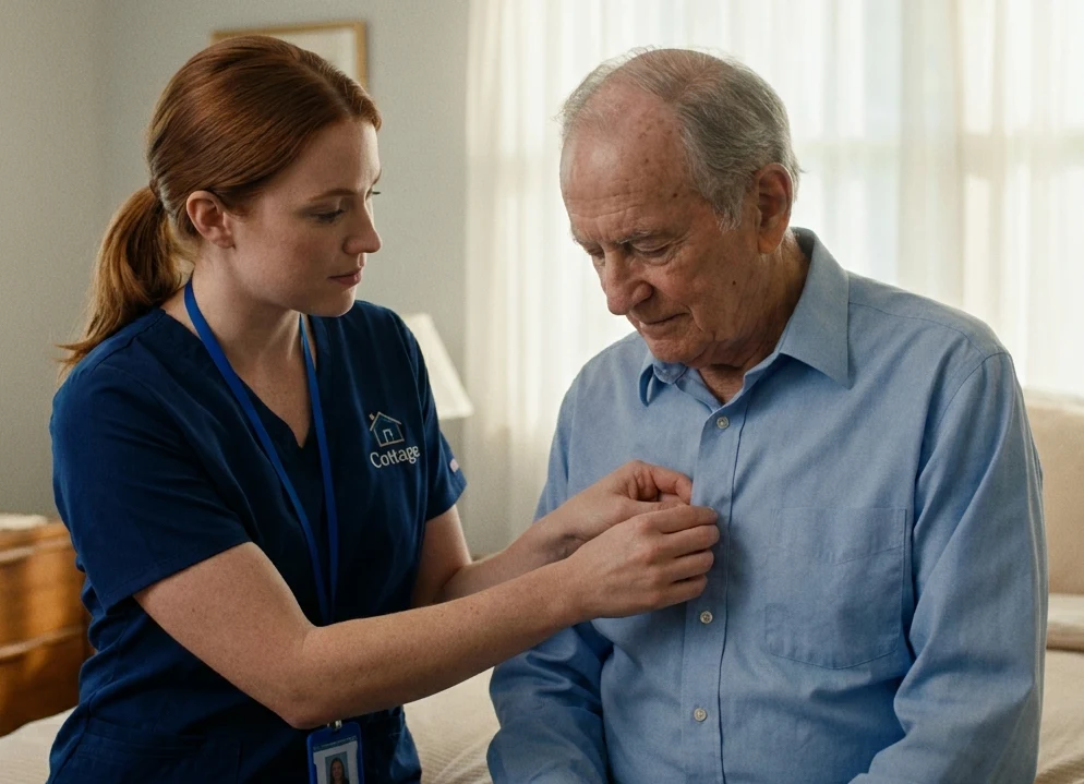 Companion caregiver kneeling beside a senior man, offering warm conversation and support.