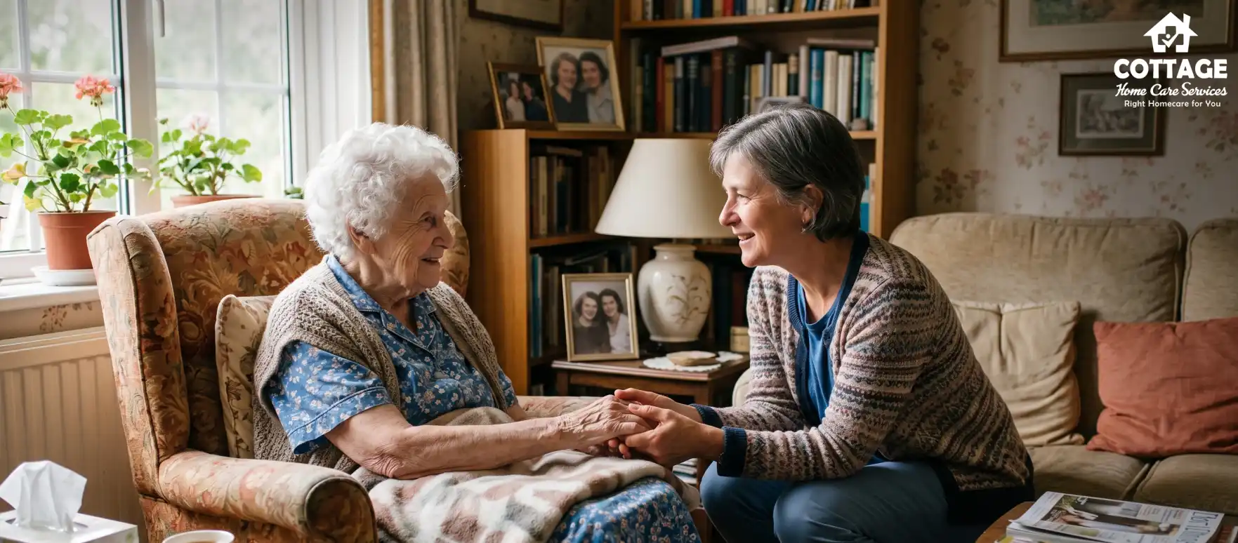 Caregiver offering supportive home care for adults.