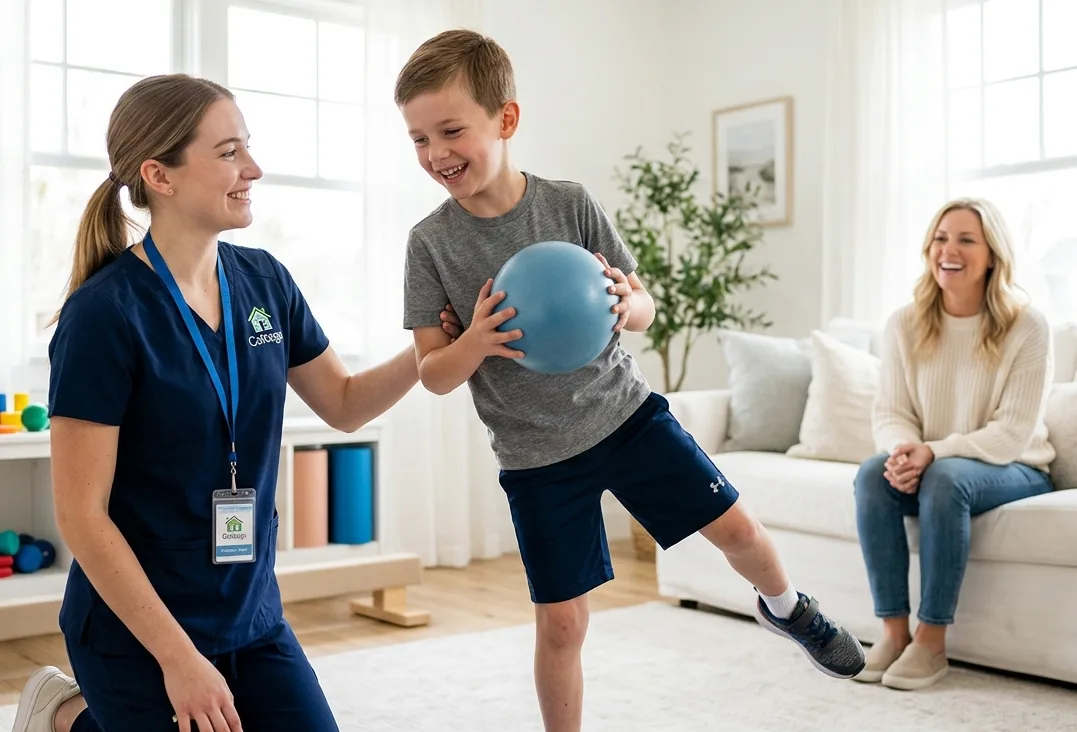 Cottage Home Care nurse caring for an infant at home with family nearby.