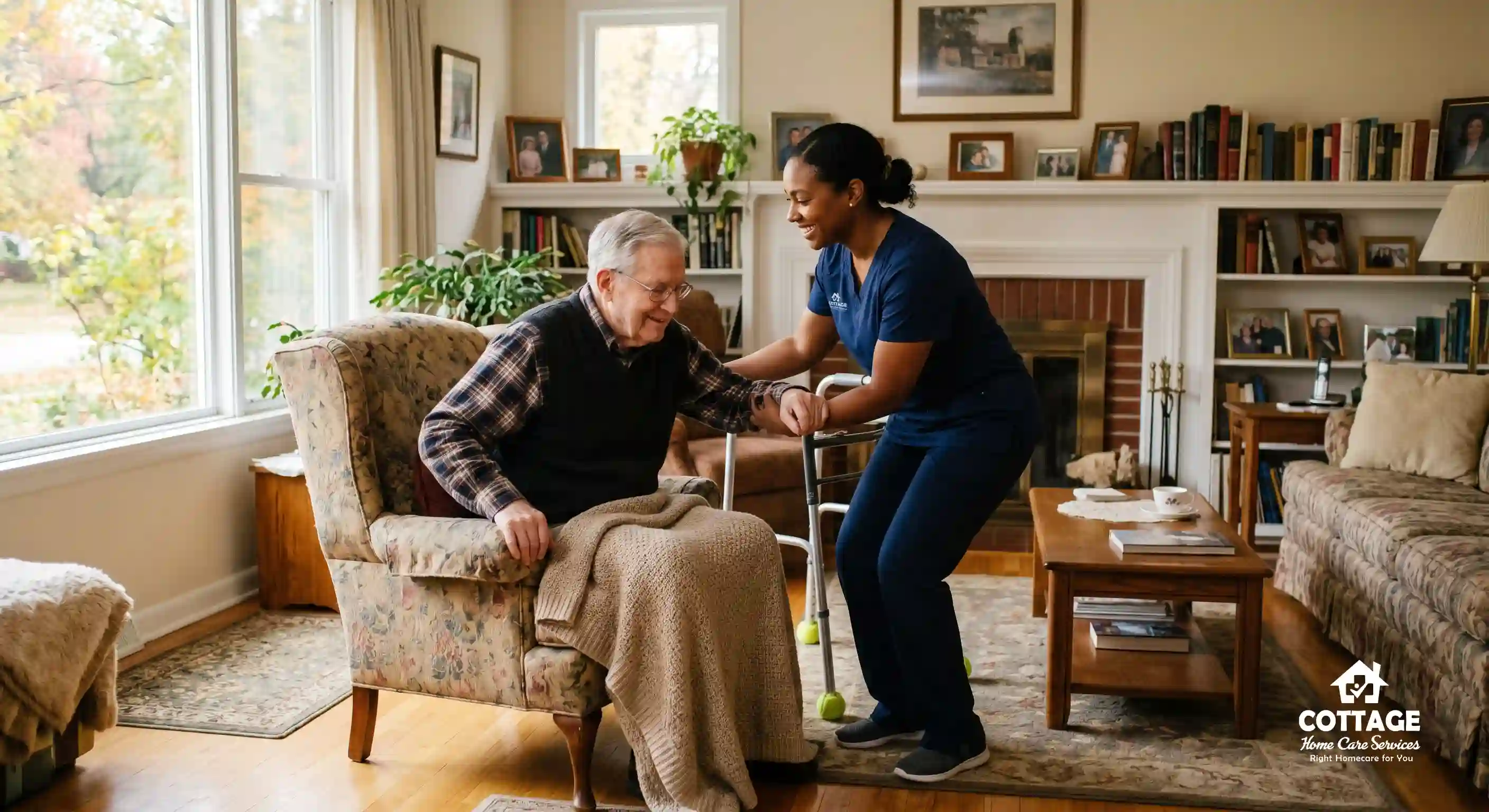 A Cottage caregiver and a senior client seated together, smiling and holding hands.