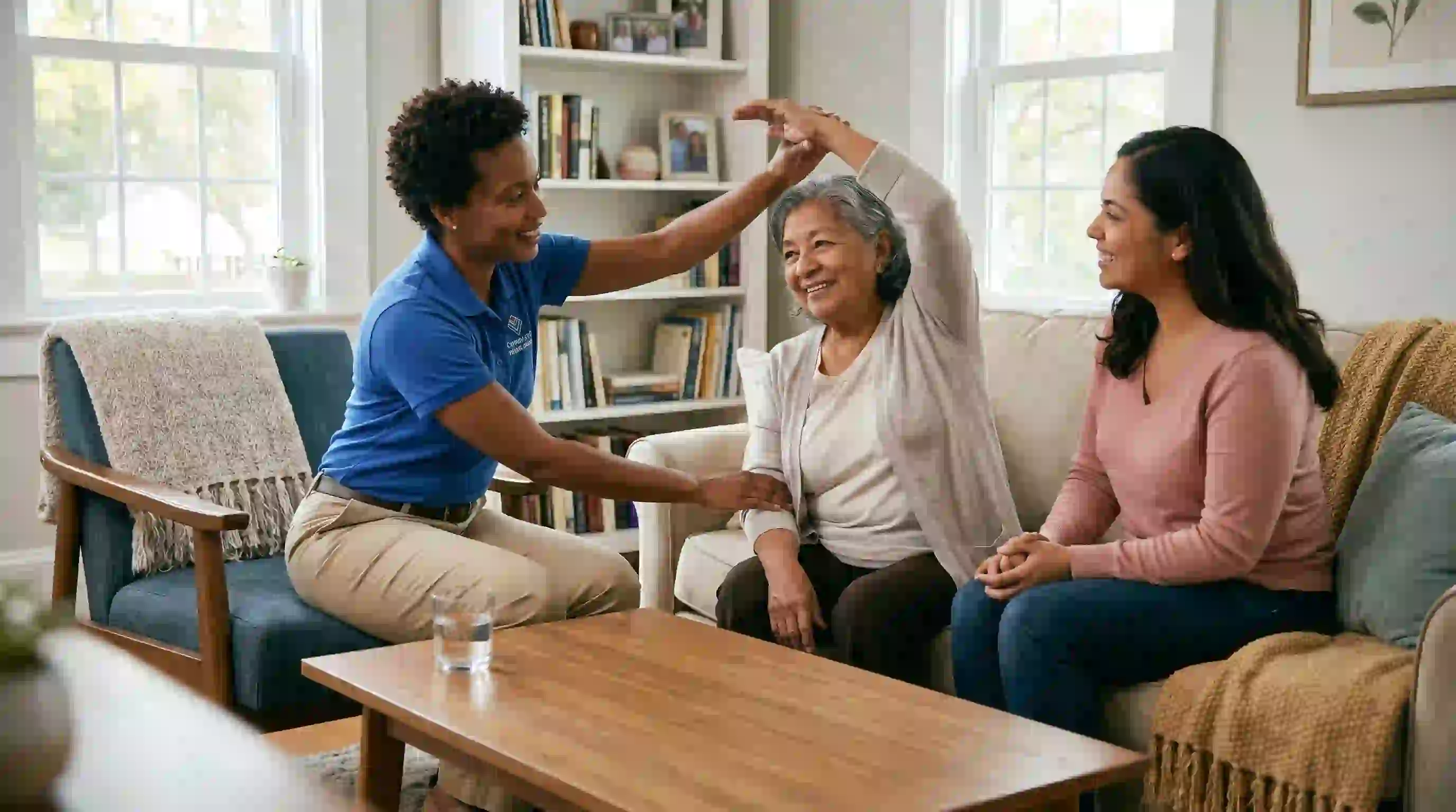 Caregiver leading a wellness activity with a senior and family at home