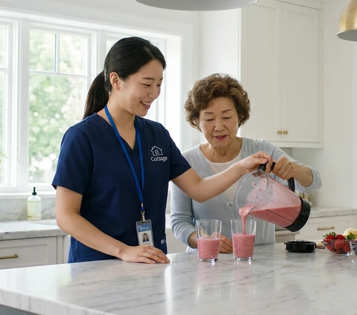 A Cottage caregiver and a senior client seated together, smiling and holding hands.