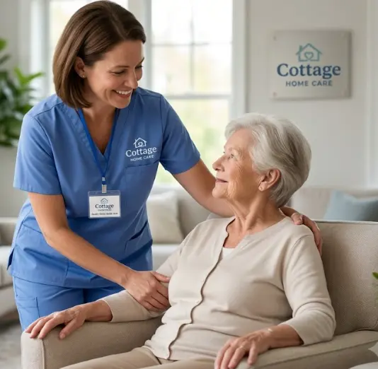 Licensed nurse supporting a client during a home visit.