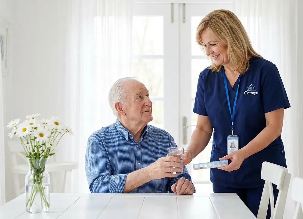Companion caregiver and senior sharing family photographs together at home.