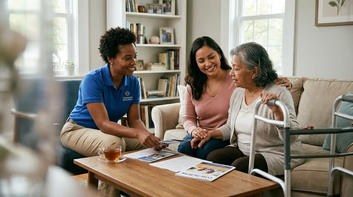 Care coordinator reviewing a Medicaid home care plan with a family