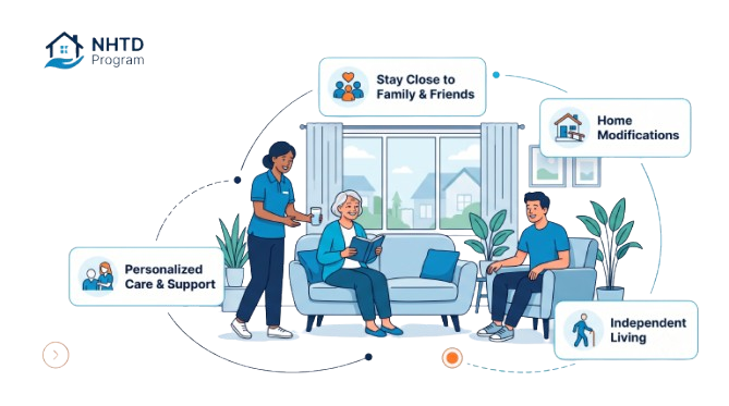 Illustration of a caregiver supporting an NHTD program participant at home