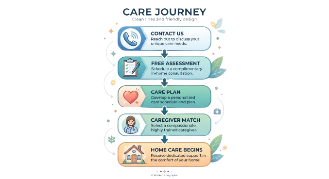 Illustration of the home care journey, from first contact through ongoing care