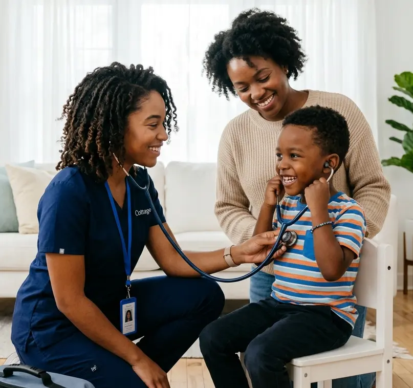 Pediatric nurse placing a pulse oximeter on a young boy during a home health visit.