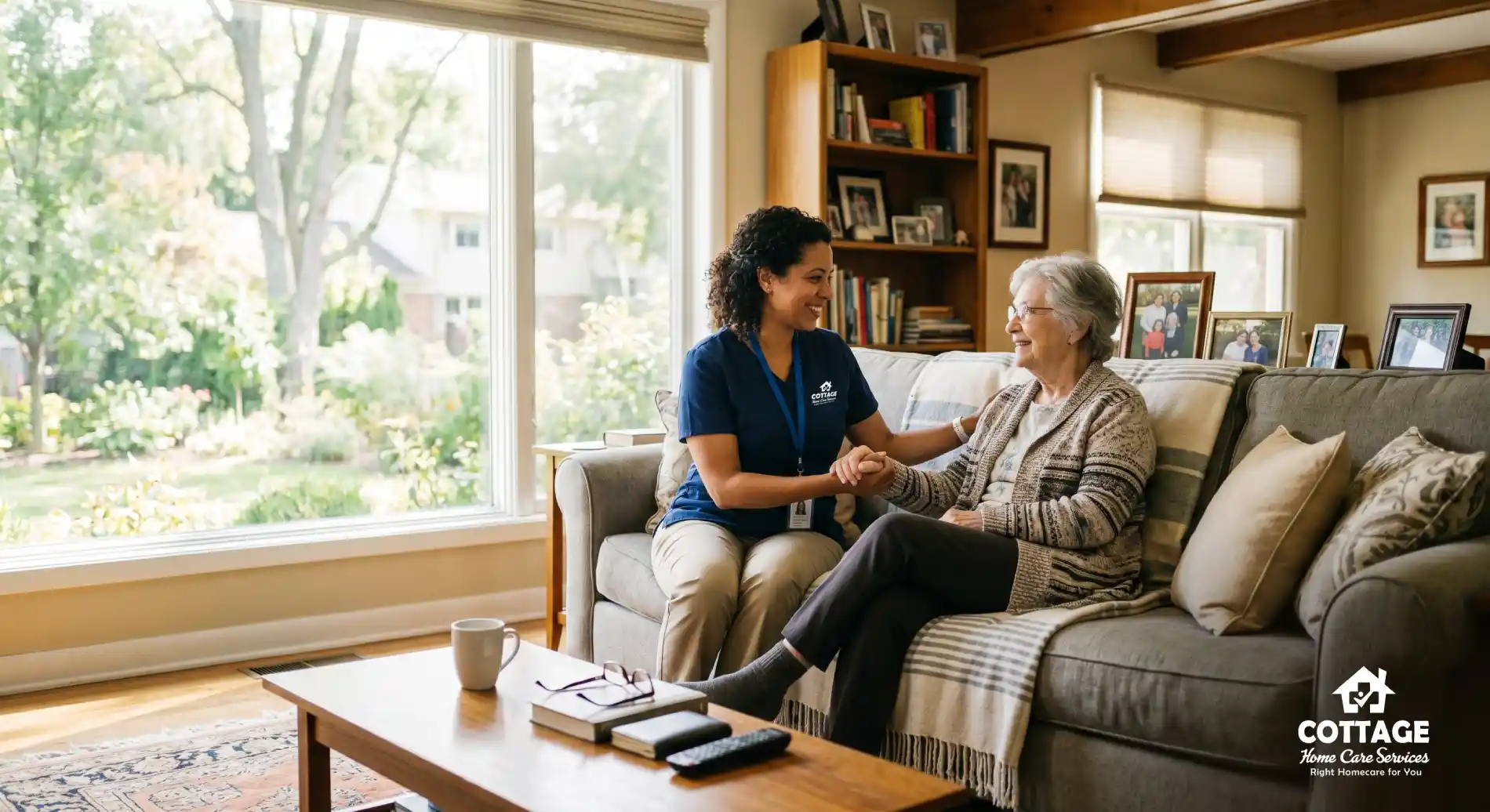 A Cottage caregiver and a senior client seated together, smiling and holding hands.