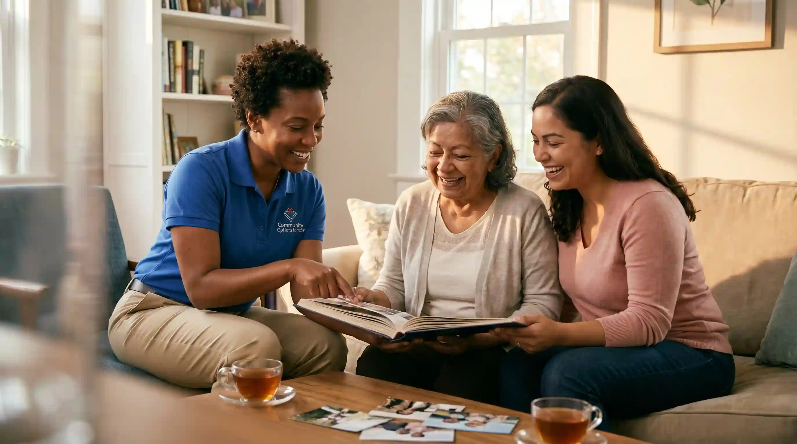 Caregiver sharing a warm moment with a senior client and family