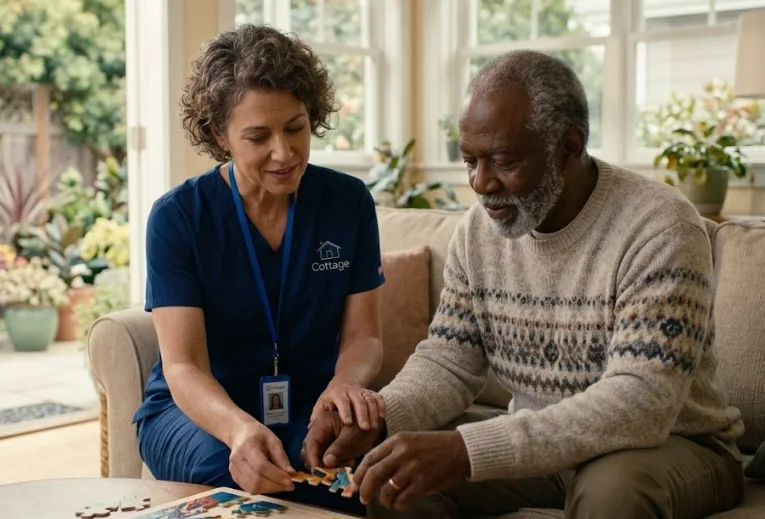 Caregiver supporting a senior woman with mobility and daily activities in the kitchen.