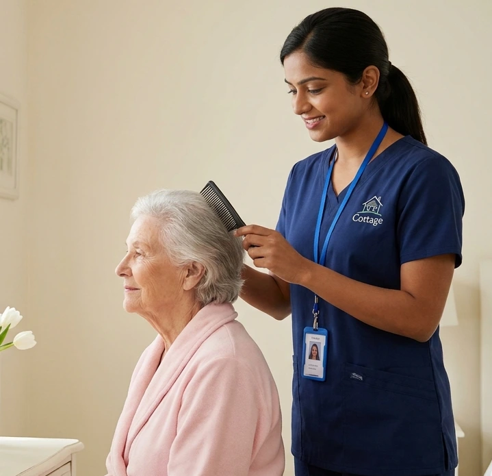 Home health caregiver supporting a senior woman near her walker in the living room.
