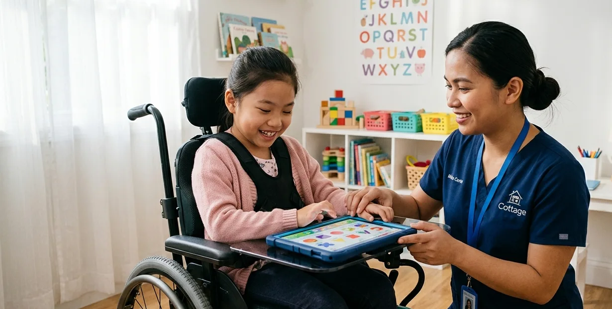 Comforting in-home care moment between caregiver and family member.