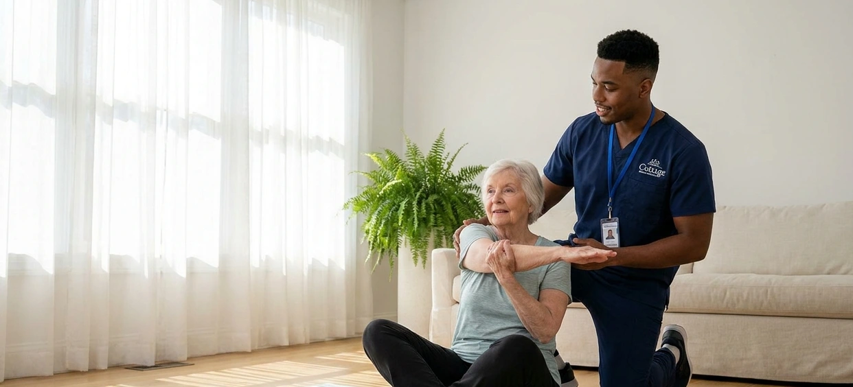 Comforting in-home care moment between caregiver and family member.