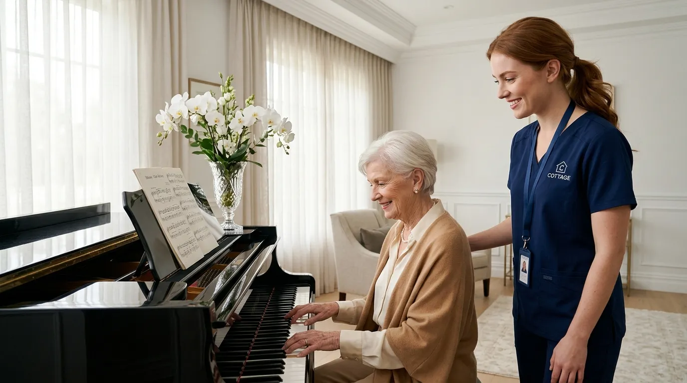 Cottage Home Care companion caregiver holding hands with a senior woman in her living room.